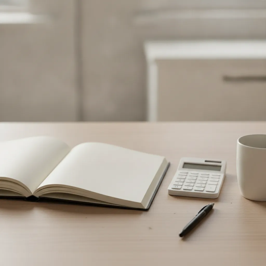 Carnet de notes et calculatrice sur une table en bois