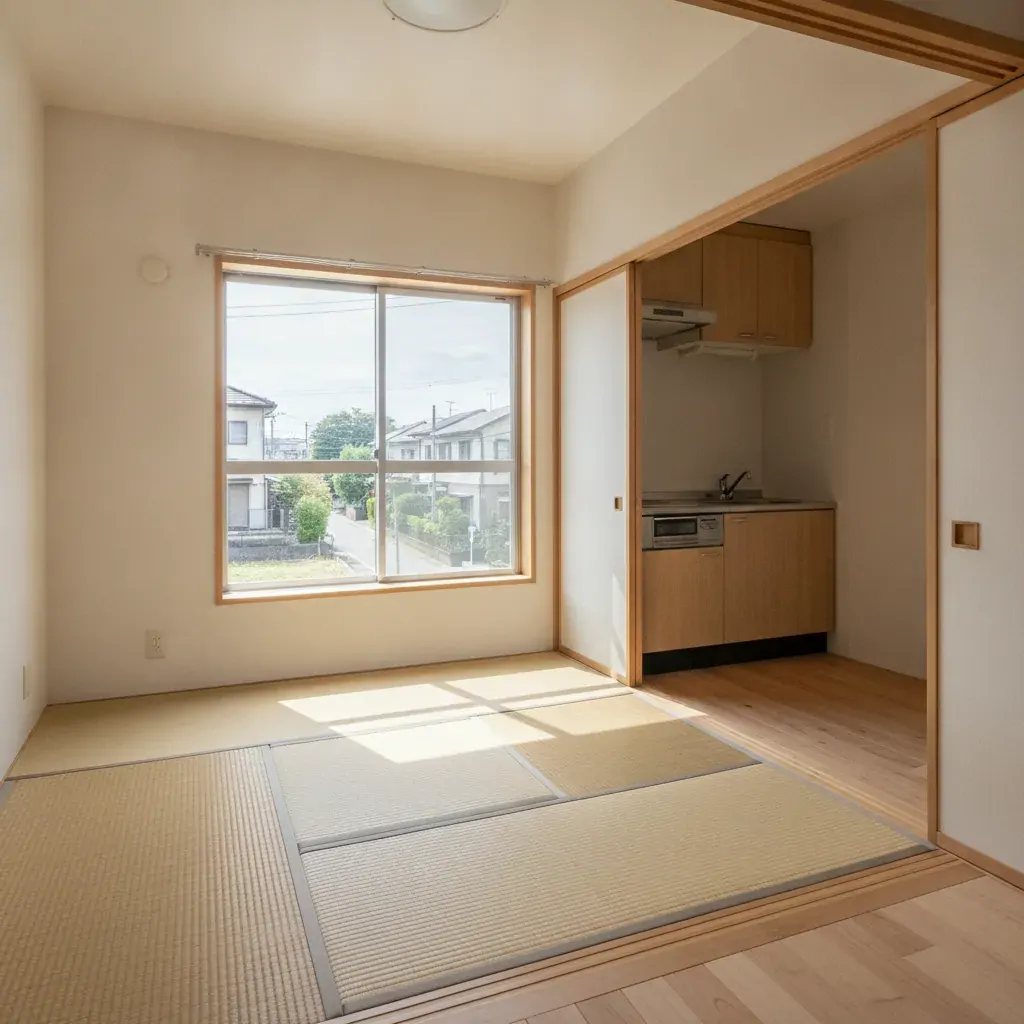 Petit appartement japonais vide avec sol en tatami et cloisons claires