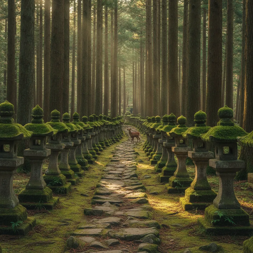Allée de lanternes de pierre couvertes de mousse menant au sanctuaire Kasuga-taisha à Nara