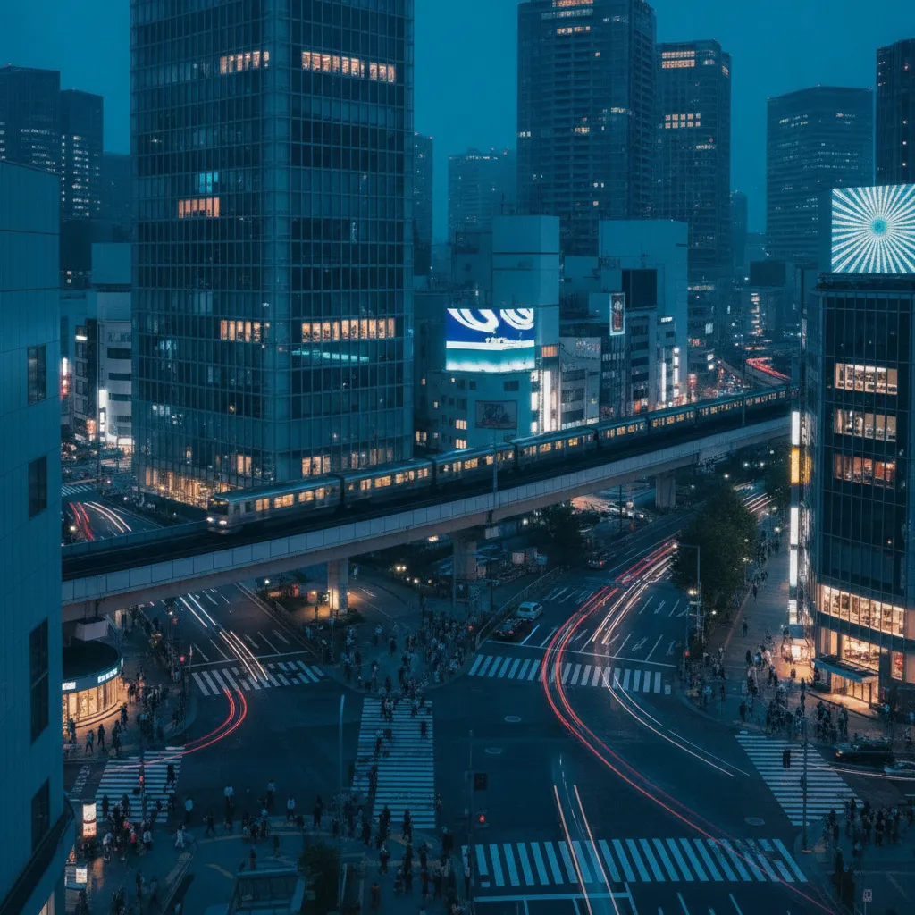 Carrefour urbain de Tokyo vu de haut en fin de journée, avec une rame de train sur une voie surélevée