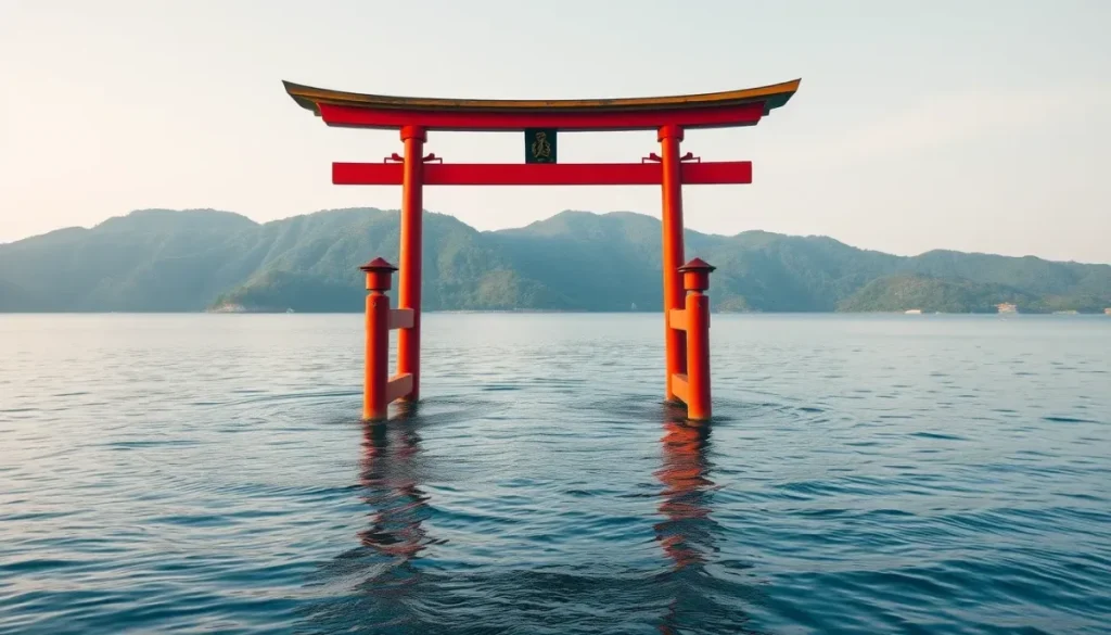Torii vermillon dressé dans la mer à marée haute devant des collines boisées